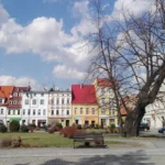 Rynek w Głuchołazach z pomnikową lipą pośrodku placu i otaczającą zabudową